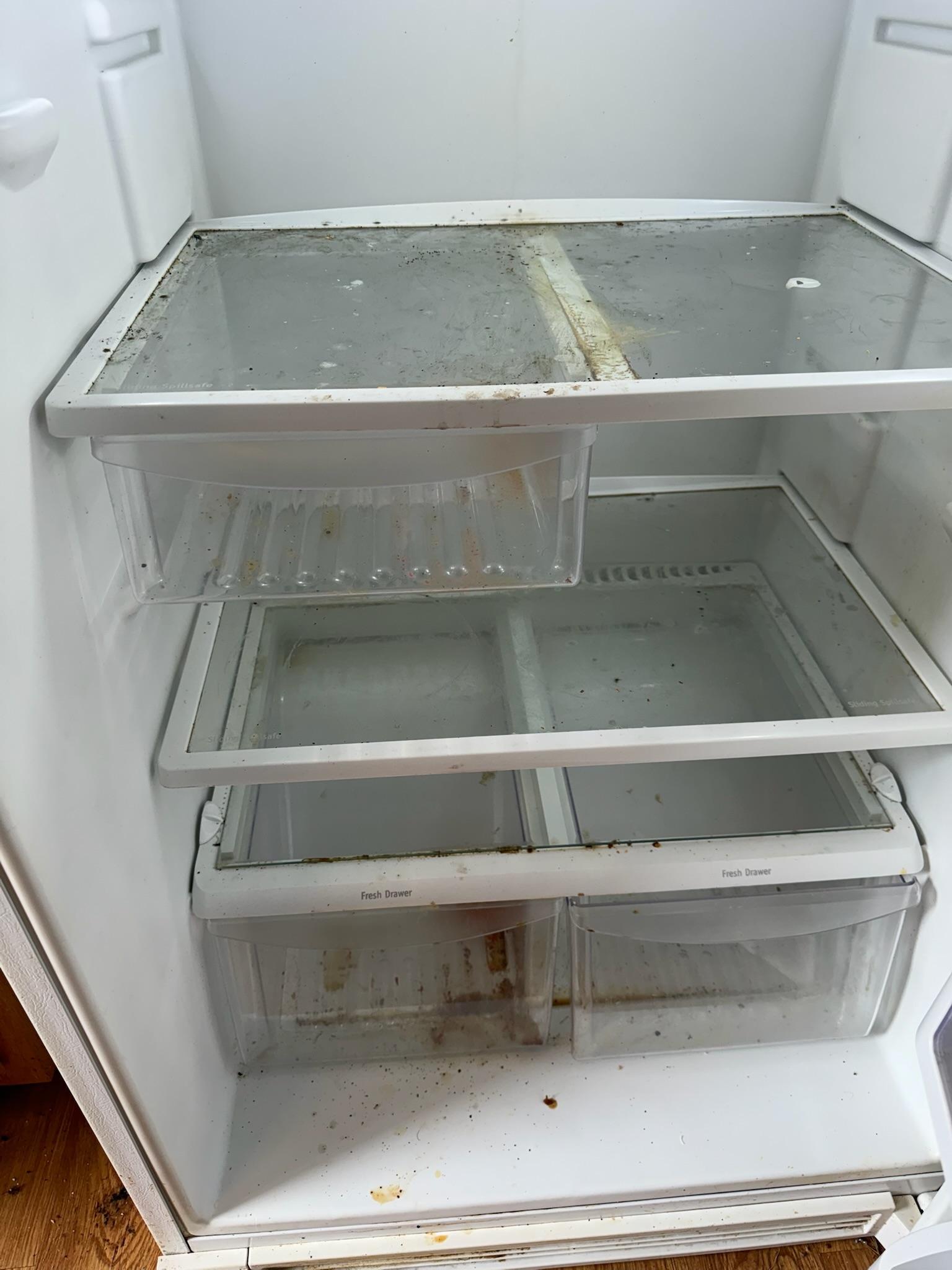 Refrigerator interior before cleaning: glass shelves and crisper drawers coated in spills, crumbs and dried food